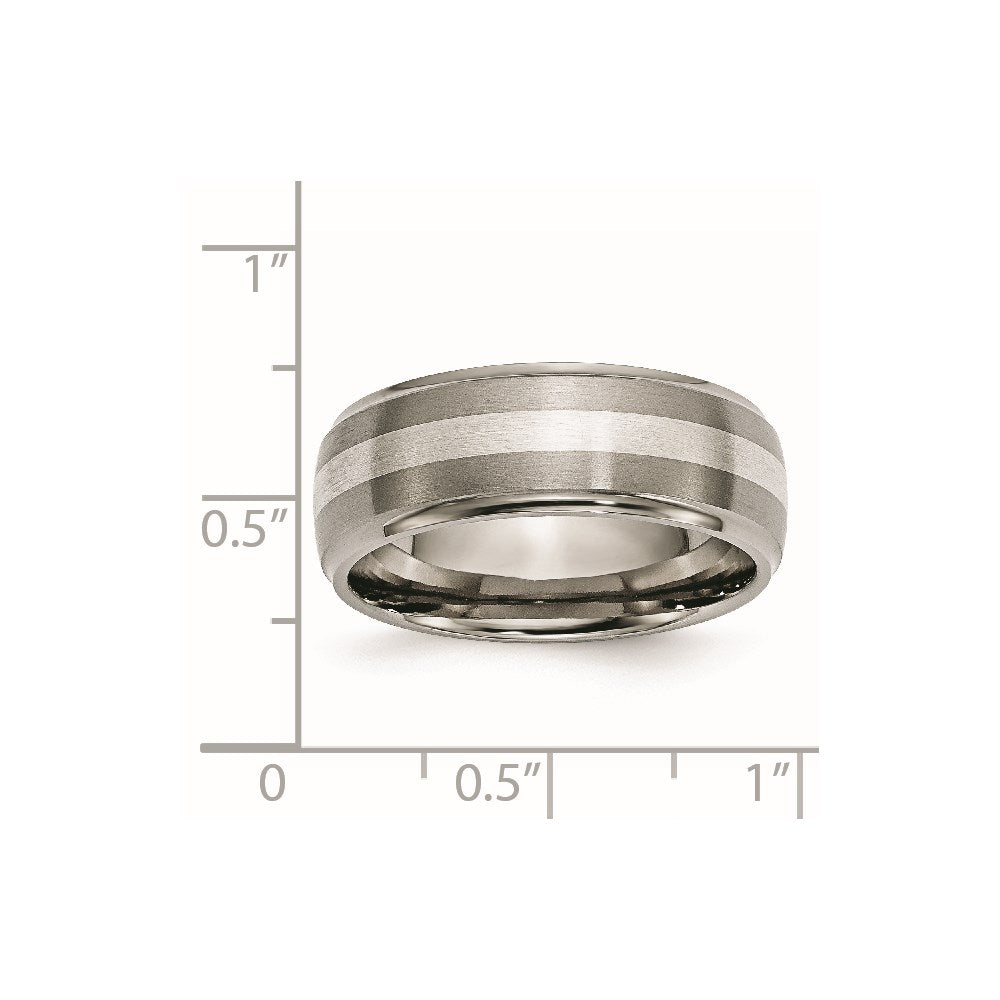 Titanium Brushed/Polished w/Sterling Silver Inlay 8mm Ridged Edge Band Size - 13