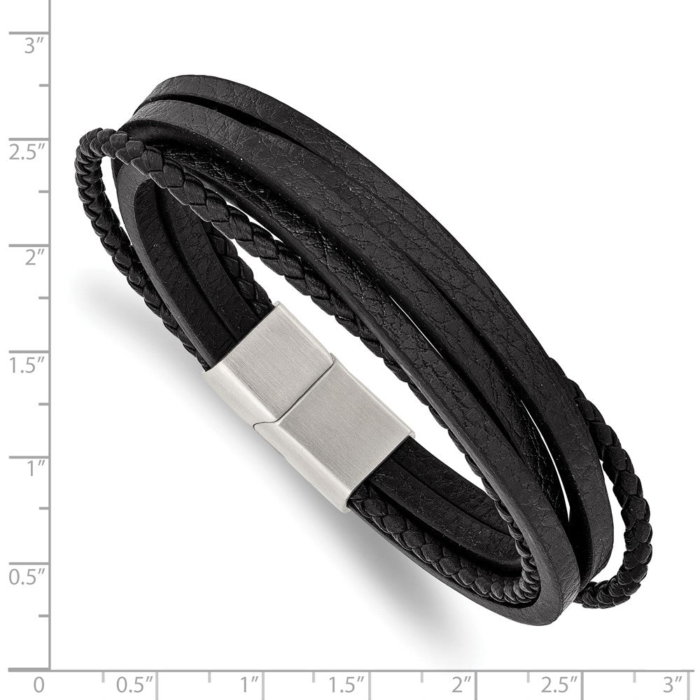 Stainless Steel Brushed Black Leather Multi Strand 8in Bracelet 8 inches