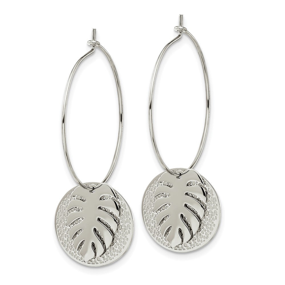 Stainless Steel Polished Textured Circle with Leaf Dangle Hoop Earrings