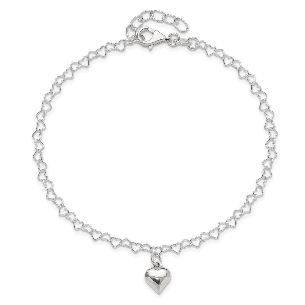 Sterling Silver Polished Fancy Link Puffed Heart 9 in Plus 1in ext. Anklet 9 inches