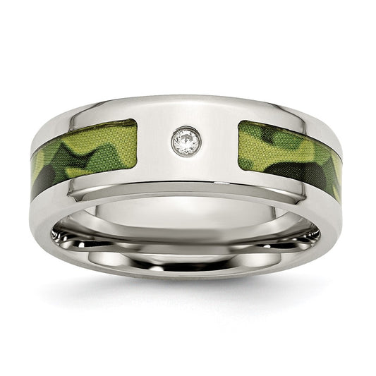 Stainless Steel Polished w/ CZ Printed Green Camo Under Rubber Band Size - 12.5
