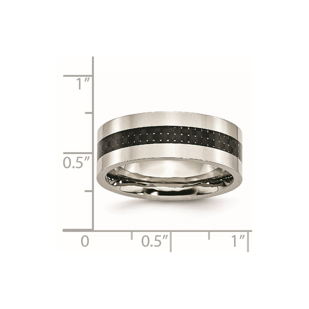 Stainless Steel Polished w/Black Carbon Fiber Inlay 8mm Flat Band Size - 8.5