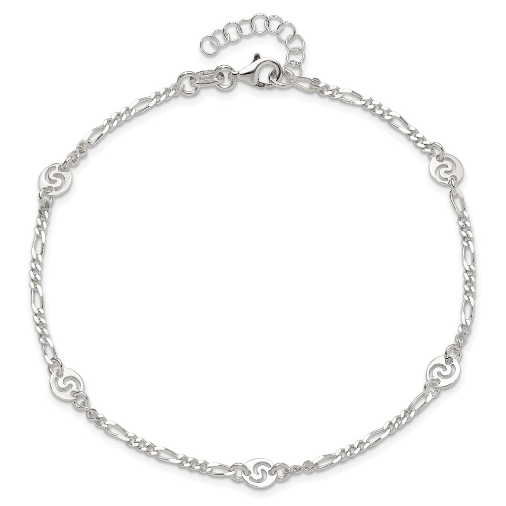 Sterling Silver Polished Swirl Disc 9in Plus 1in ext. Anklet 9 inches