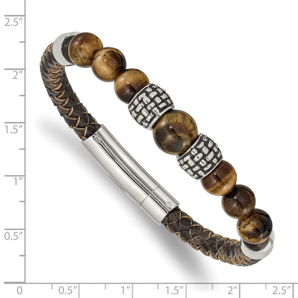 Stainless Steel Antiqued and Polished Tiger's Eye Leather 8.5in Bracelet 8.5 inches