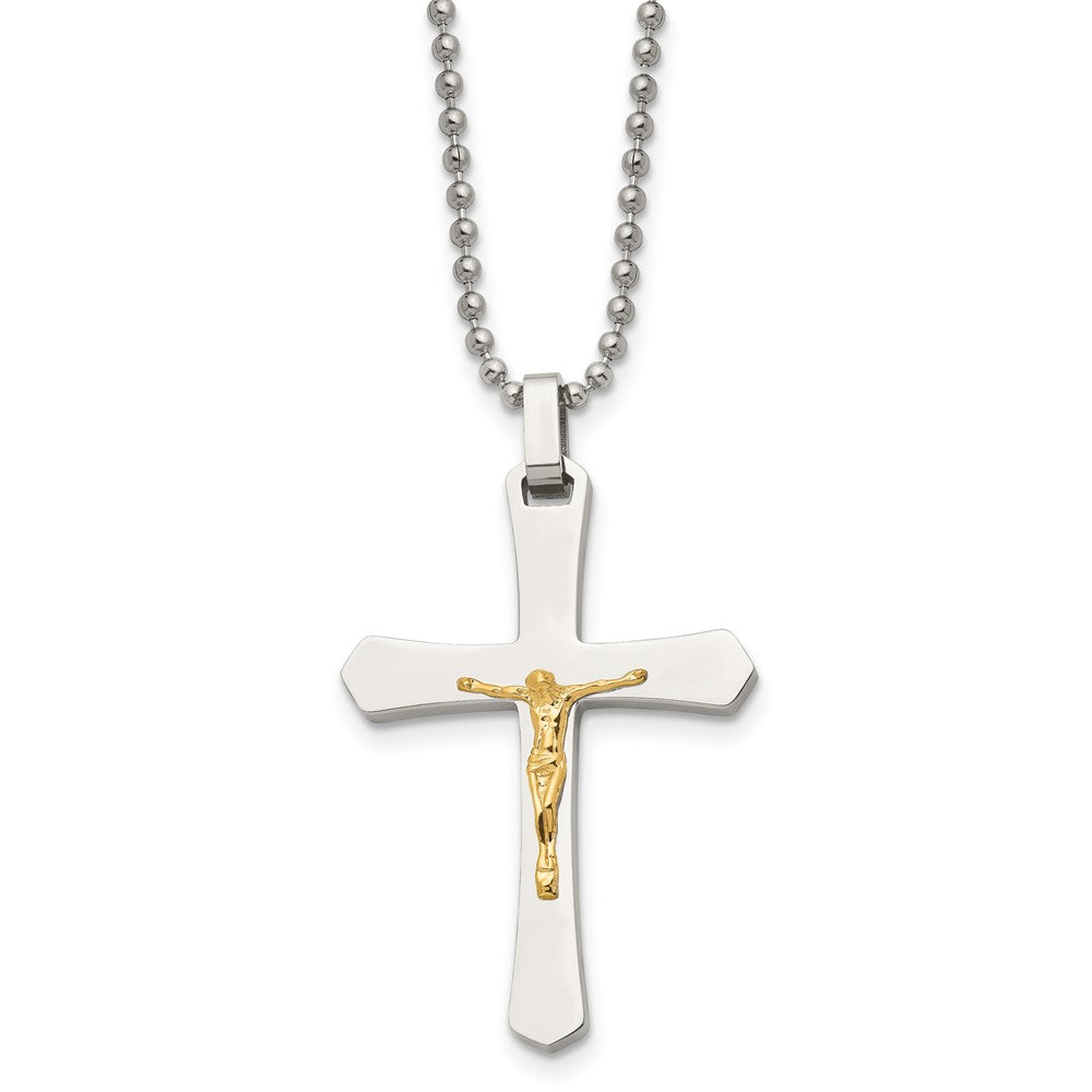 Stainless Steel Polished w/14k Gold Accent Crucifix 22in Necklace