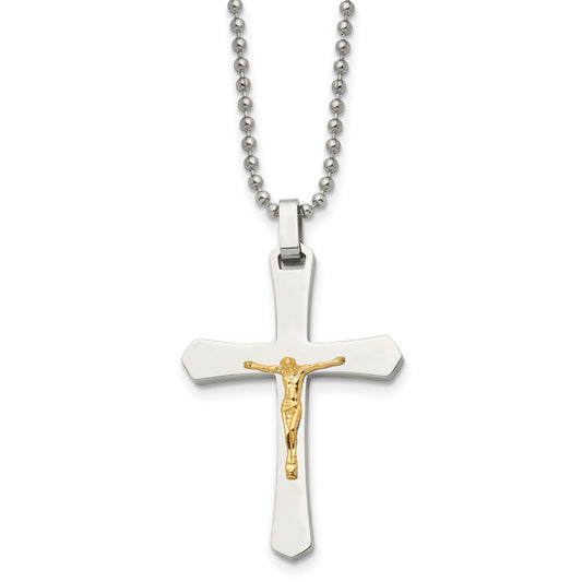 Stainless Steel Polished w/14k Gold Accent Crucifix 22in Necklace