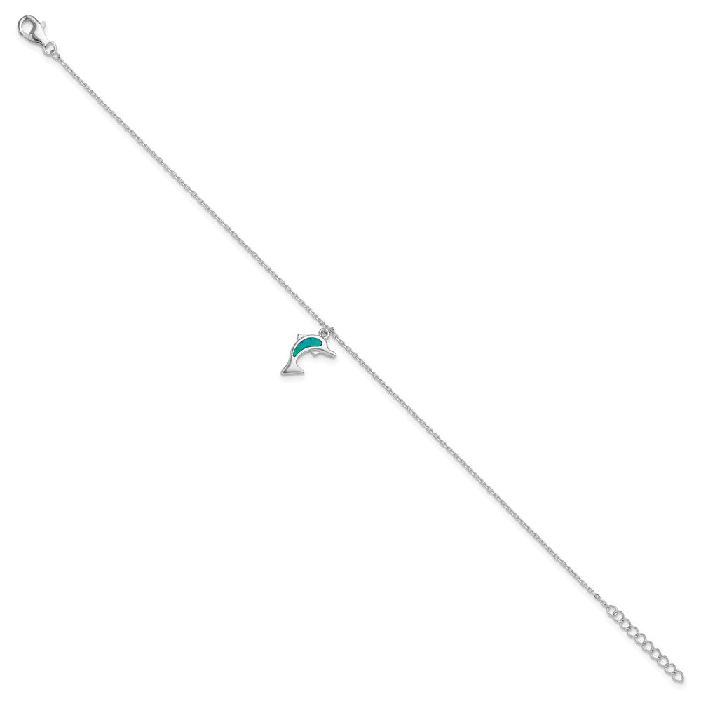 Sterling Silver Rhodium-plated Created Opal Dolphin 9 inch with an 1 inch extention Anklet 9 inches