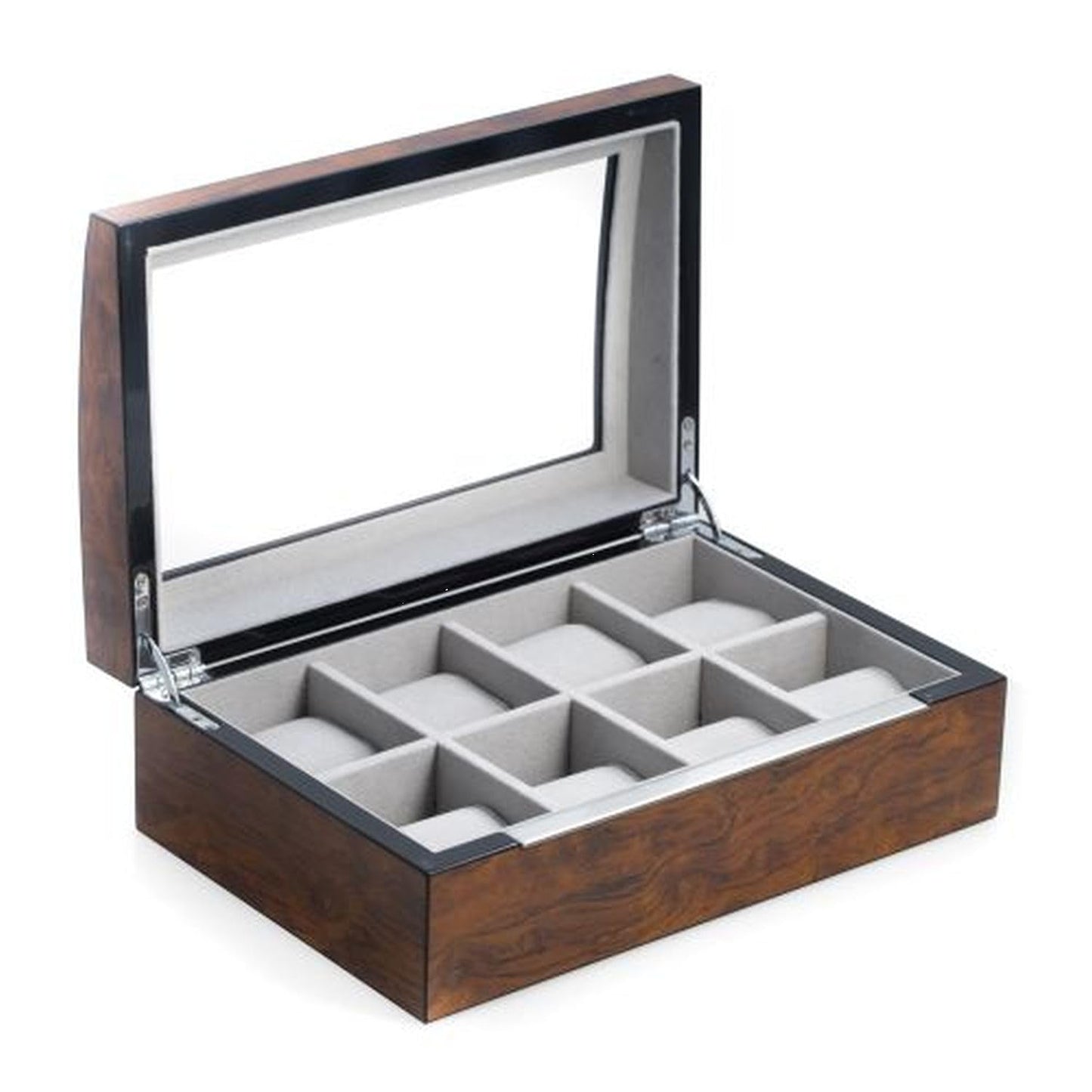 Bey-Berk International BB680BRL Lacquered Brown Burl Wood 8 Watch Case with Glass Top