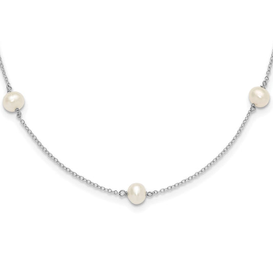 Sterling Silver Rhodium-plated 5-5.5mm White Semi-Round Freshwater Cultured Pearl 5-Station Children's 12 inch Necklace 12 Inches