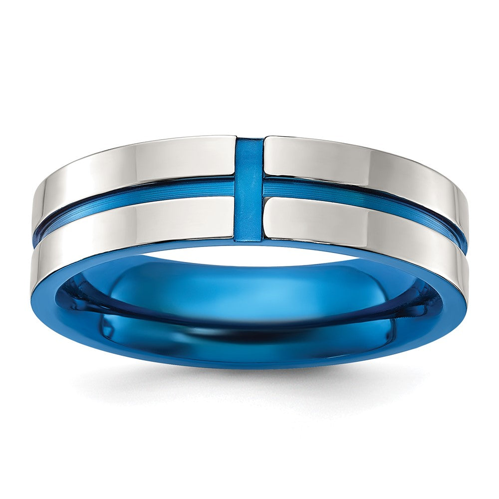 Chisel Stainless Steel Polished Blue IP-plated Grooved 6mm Band Size - 7.5