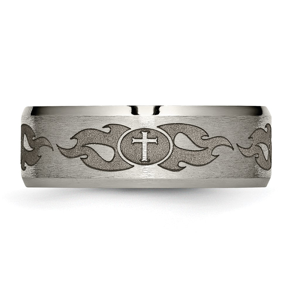 Titanium Brushed & Polished Cross Laser Design 8mm Beveled Edge Band Size - 11