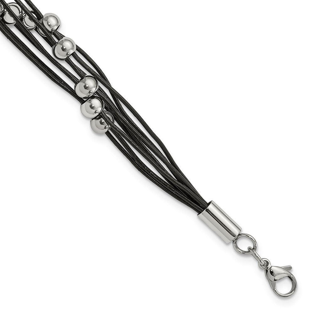 Stainless Steel Polished Beaded Multi-Strand Black Leather 8in Bracelet 8 inches
