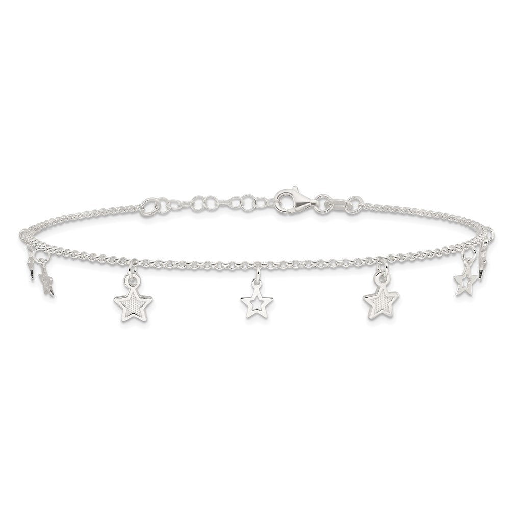 Sterling Silver Polished and Textured Star 9in Plus 1in Ext. Anklet 9 inches
