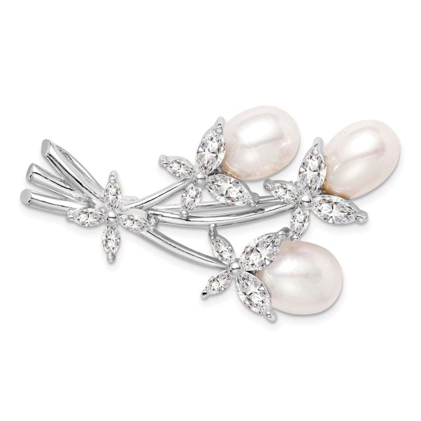 Sterling Silver Rhodium-plated Freshwater Cultured Pearl and CZ Floral Pin Brooch QQP884