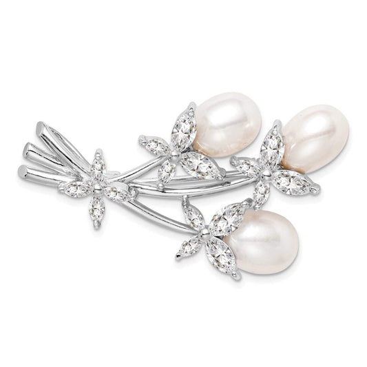 Sterling Silver Rhodium-plated Freshwater Cultured Pearl and CZ Floral Pin Brooch QQP884