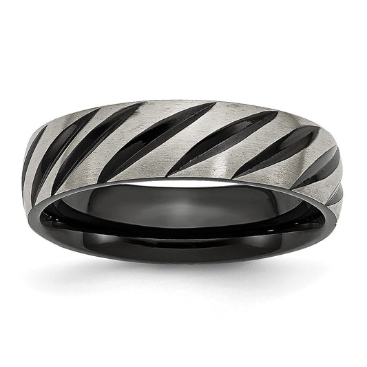 Titanium Brushed & Polished Black IP-plated 6mm Grooved Band Size - 12
