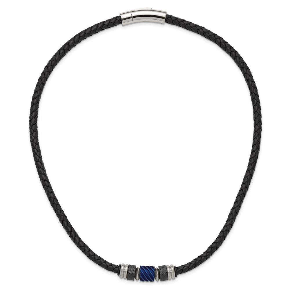 Stainless Steel Brushed/Polished Blk/Blue IP Blk Rubber Leather Neck