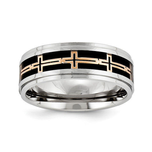 Stainless Steel 8mm Black Carbon Fiber and Pink IP Cross Band