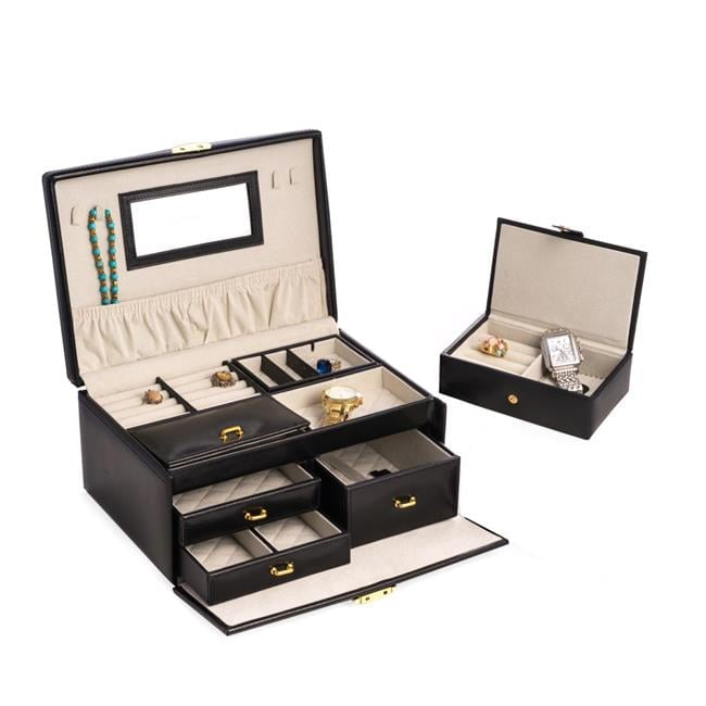 Bey-Berk 2 Level Jewelry Box | Multi-Drawers | Black Leather | BB564BLK