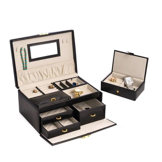 Bey-Berk 2 Level Jewelry Box | Multi-Drawers | Black Leather | BB564BLK