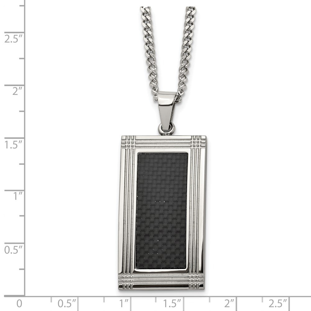 Stainless Steel Polished Grooved Black Carbon Fiber Inlay 24in Necklace