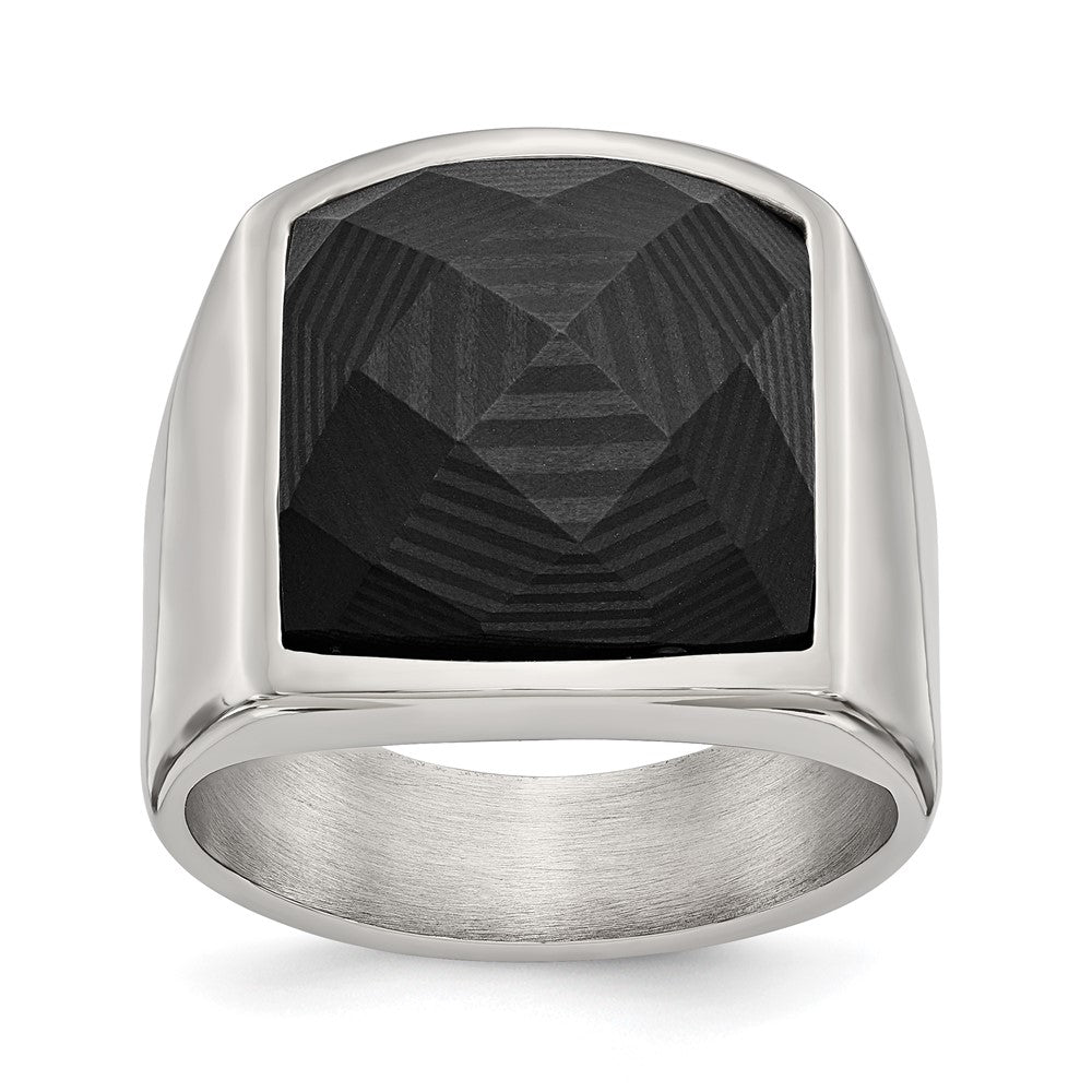 Stainless Steel Polished with Solid Black Carbon Fiber Ring Size - 9