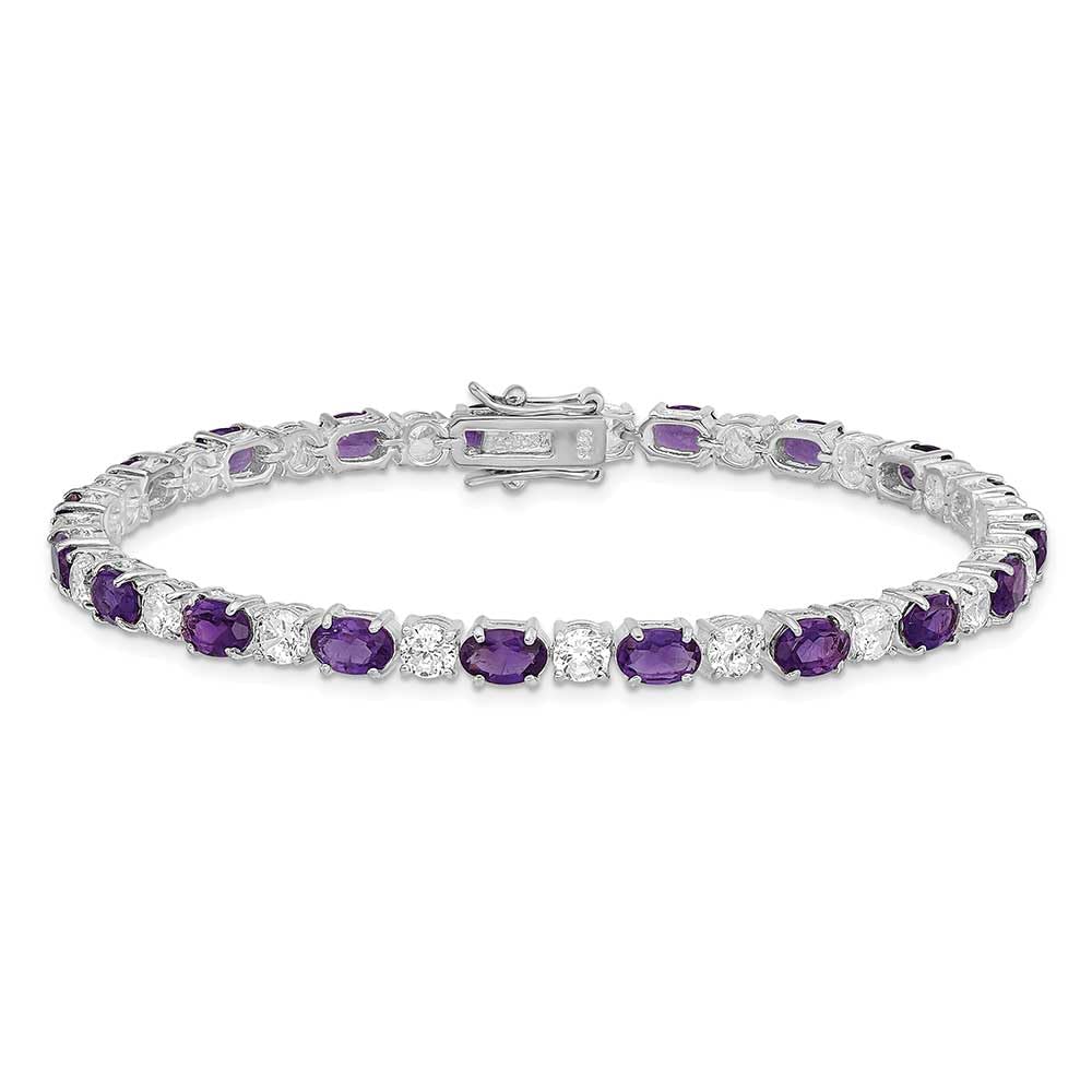 925 Sterling Silver Polished Box Catch Closure Purple and Clear CZ Cubic Zirconia Simulated Diamond Bracelet 7.5 Inch-Bo