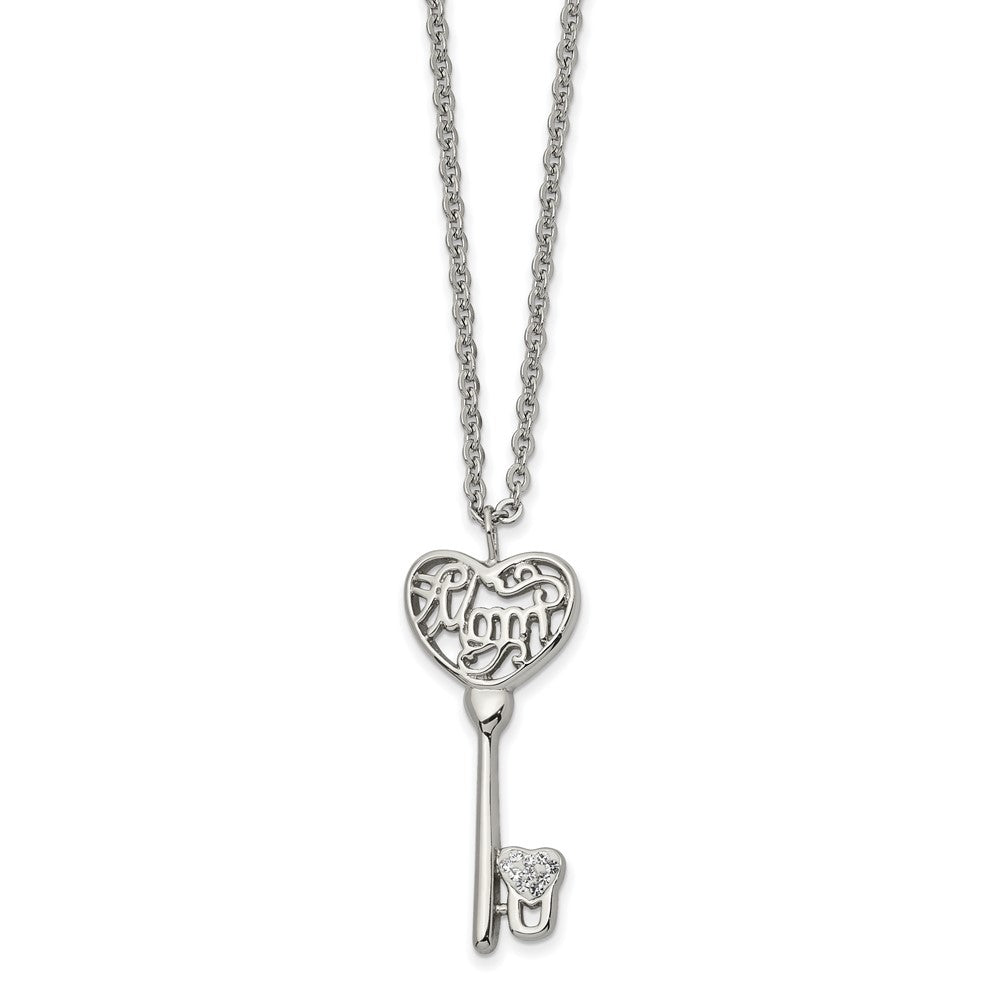 Stainless Steel Polished Clear Crystal Mom Heart Key 20 inch Necklace