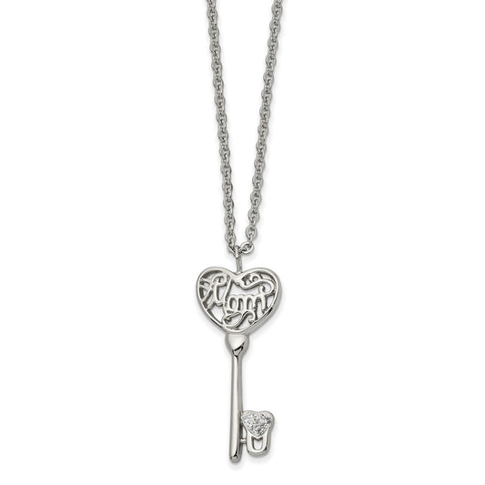 Stainless Steel Polished Clear Crystal Mom Heart Key 20 inch Necklace