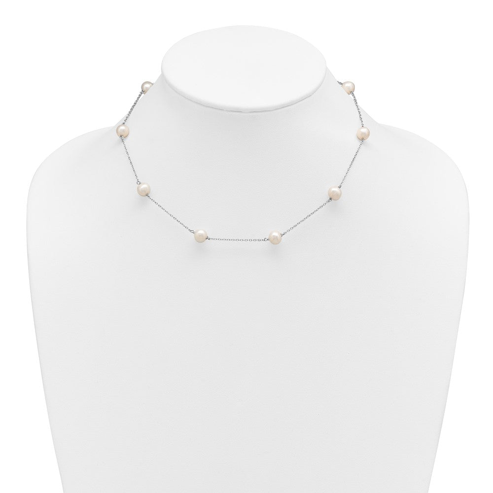 Sterling Silver Rhodium-plated 7-8mm White Near-Round Freshwater Cultured Pearl 9-Station 16 inch Necklace 16 Inches