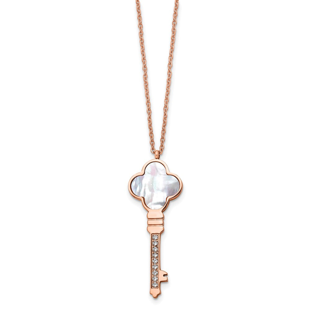 Stainless Steel Polished Rose IP-plated CZ & MOP Key w/2in ext Necklace