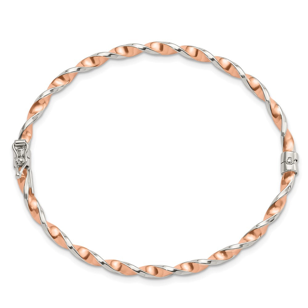 Sterling Silver Rose-tone Polished Twisted 3mm Hinged Bangle 7 inches