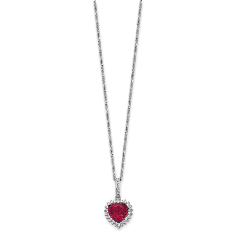 Cheryl M Sterling Silver Rhodium-plated 100 Facet Lab Created Ruby and Brilliant-cut White CZ Heart Halo 18 Inch Necklace 18 Inches