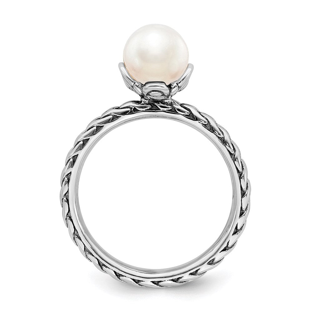Sterling Silver Stack Exp. 7.0-7.5mm White FW Cultured Pearl Ring Size -7