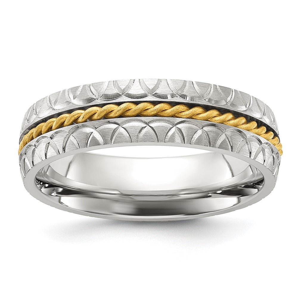 Chisel Stainless Steel Brushed, Polished and Textured Yellow IP-plated Center 6mm Band Size - 13