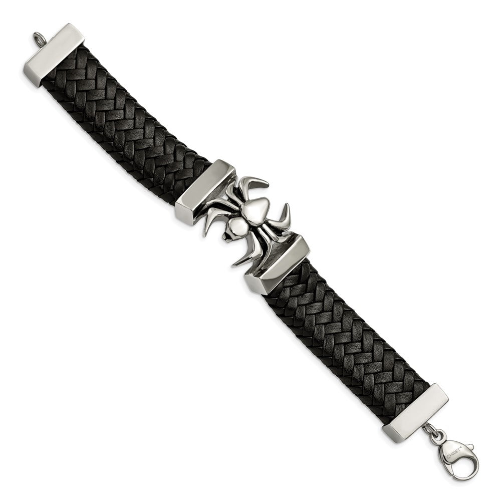 Stainless Steel Antiqued and Polished Spider Black Leather 8.5in Bracelet 8.5 inches