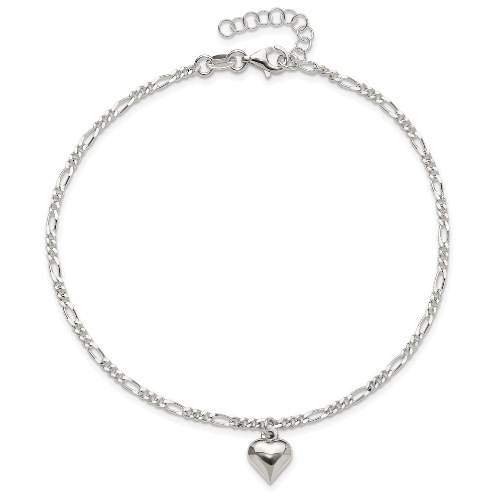Sterling Silver Polished Heart 9 in Plus 1in ext. Anklet 9 inches