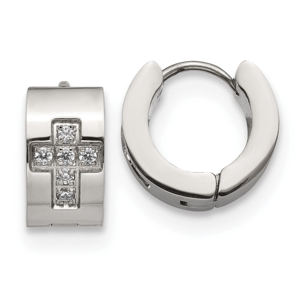 Stainless Steel Polished w/CZ Cross 7mm Hinged Hoop Earrings
