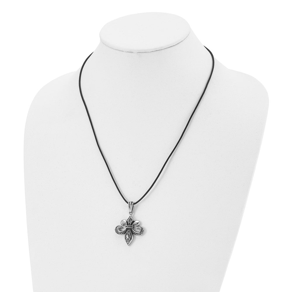 Stainless Steel Antiqued and Polished Fleur de lis w/Leather Cord Necklace