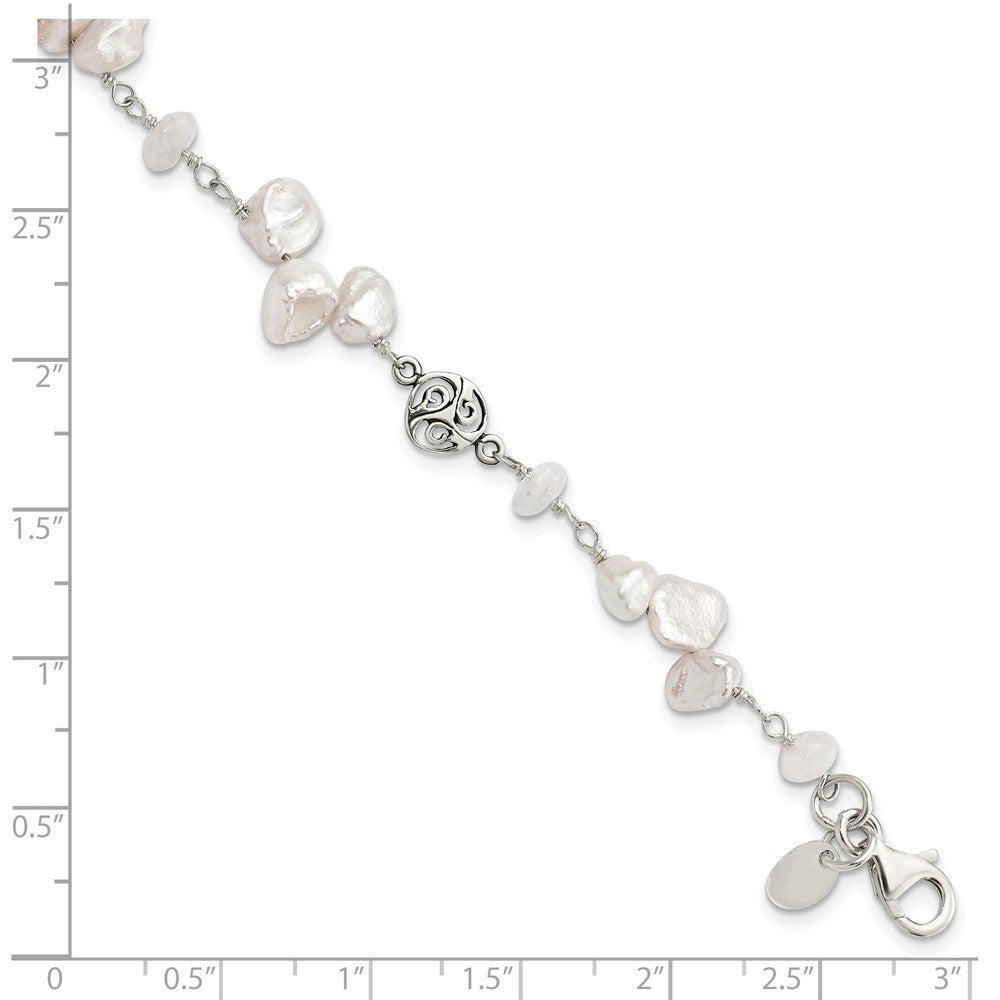 Sterling Silver FWC Keshi Pearl w/Moonstone 1in Ext. Fancy Bracelet 7.5 inches