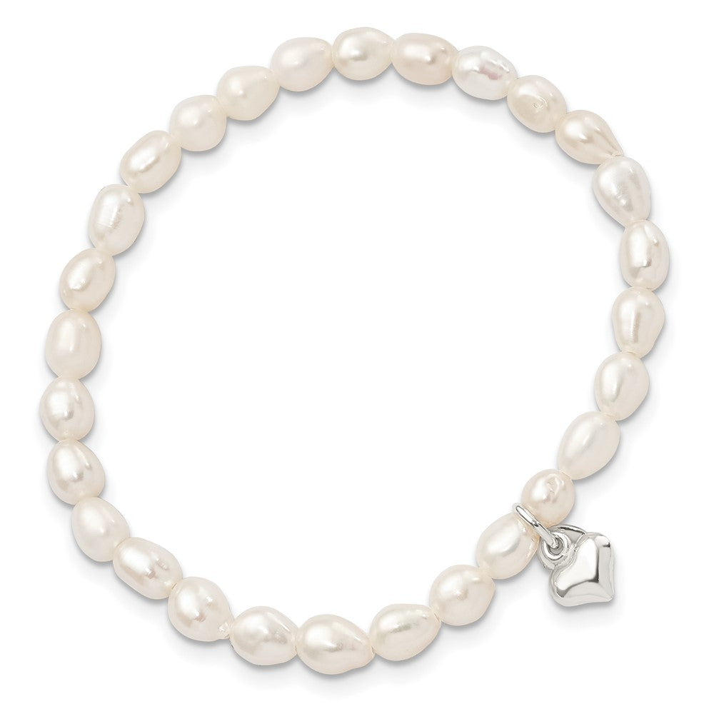 Sterling Silver Polished FWC Pearl & Heart Children's Stretch Bracelet 5 inches