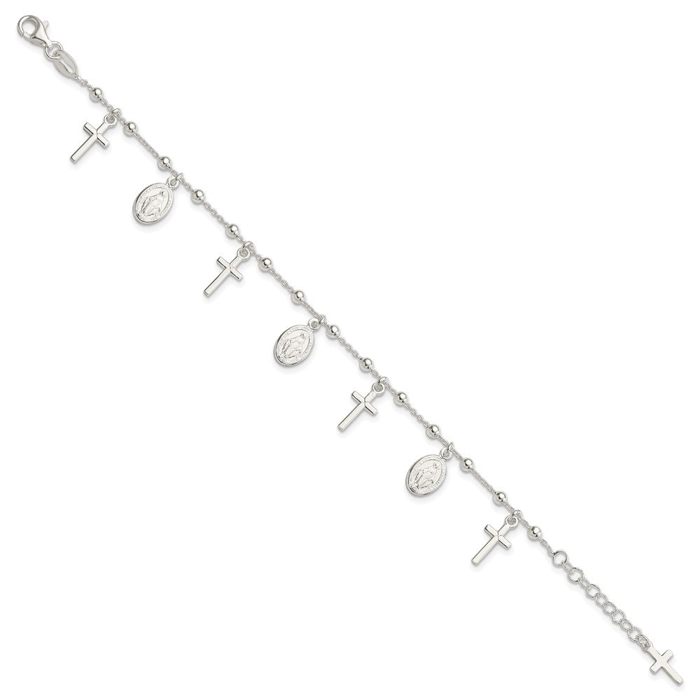 Sterling Silver Polished w/1in ext Cross Miraculous Medal Bracelet 6.25 inches