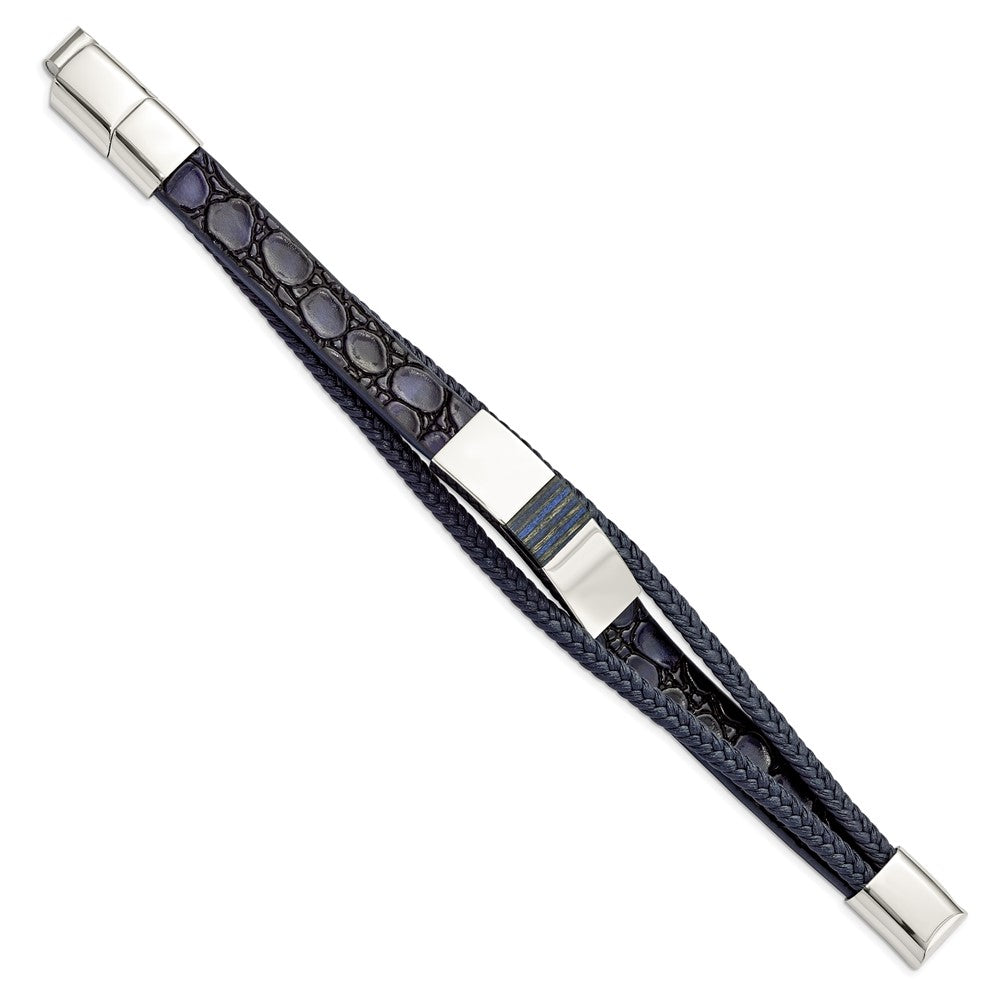Stainless Steel Polished Blue Wood Blue Leather 8in w/.5in ext Bracelet 8 inches