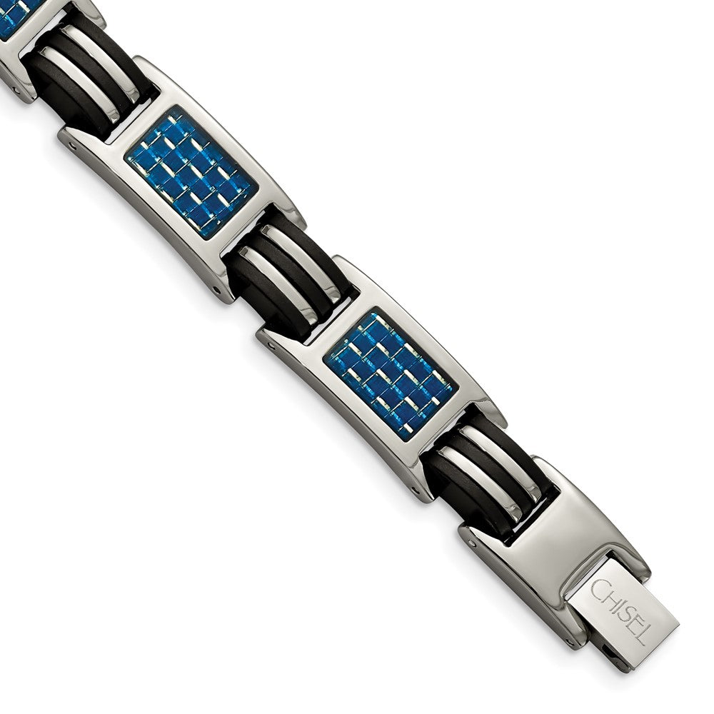 Titanium Polished w/Blue Carbon Fiber Inlay & Rubber 8.5in Bracelet 8.5 inches