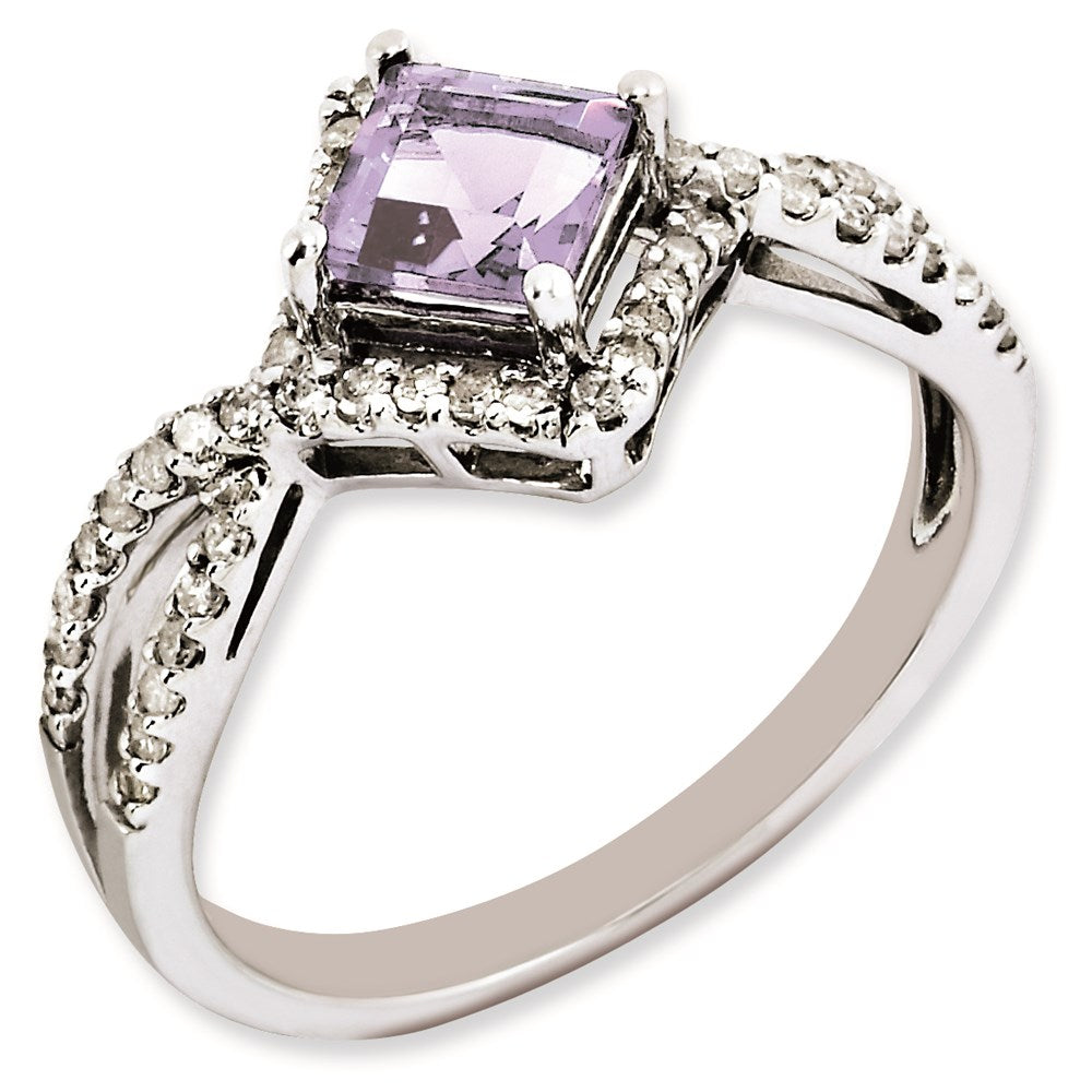 Sterling Silver Rhodium-plated Pink Quartz & Diamond Ring
