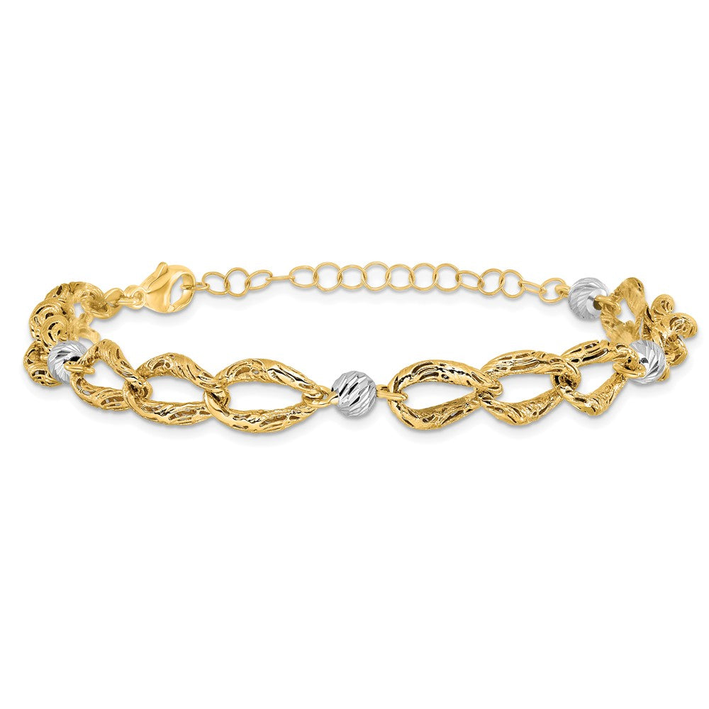 14K Two-tone Polished/Textured/Dia-cut w/2in ext. Bracelet 9  inches