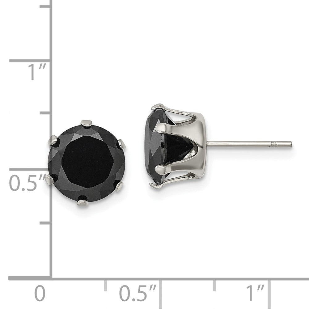 Stainless Steel Polished 9mm Black Round CZ Stud Post Earrings