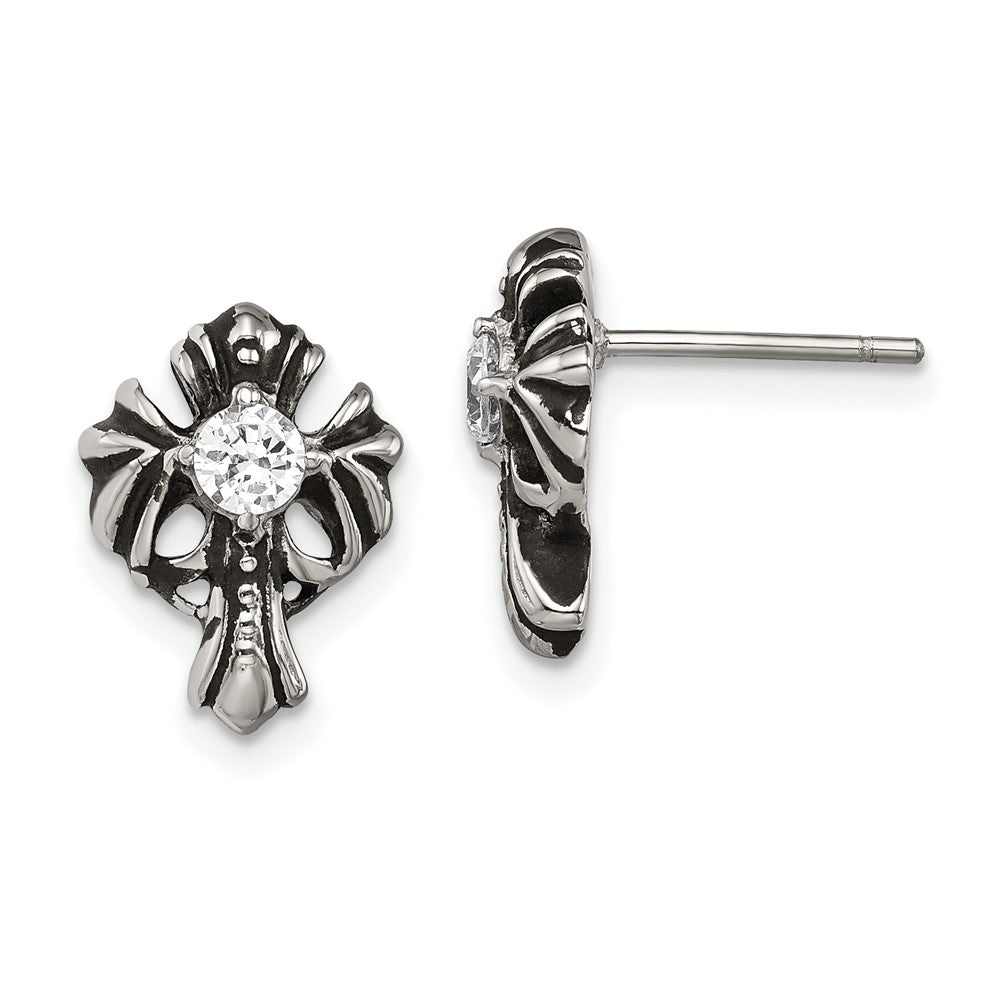 Stainless Steel Antiqued and Polished with CZ Cross Post Earrings