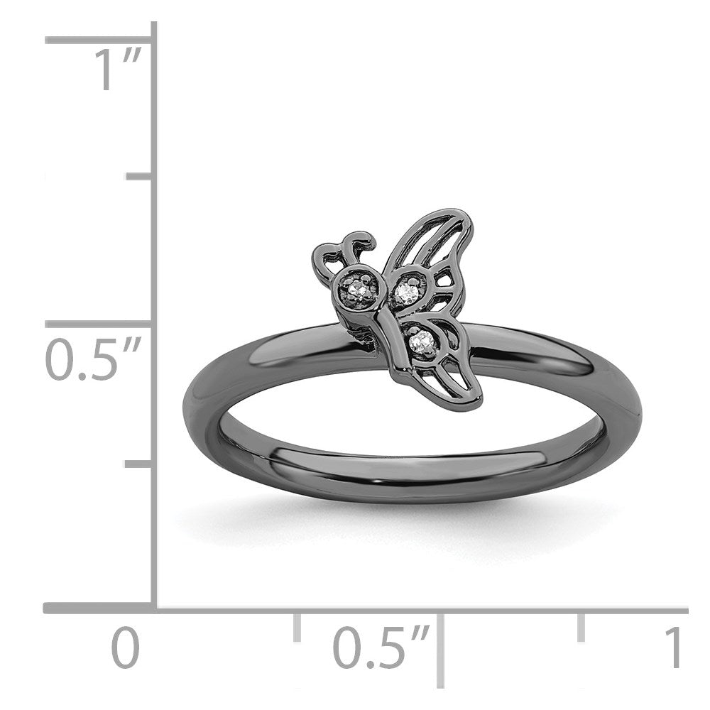 Sterling Silver Stackable Expressions Black-plated Butterfly w/Diamond Ring Size -6