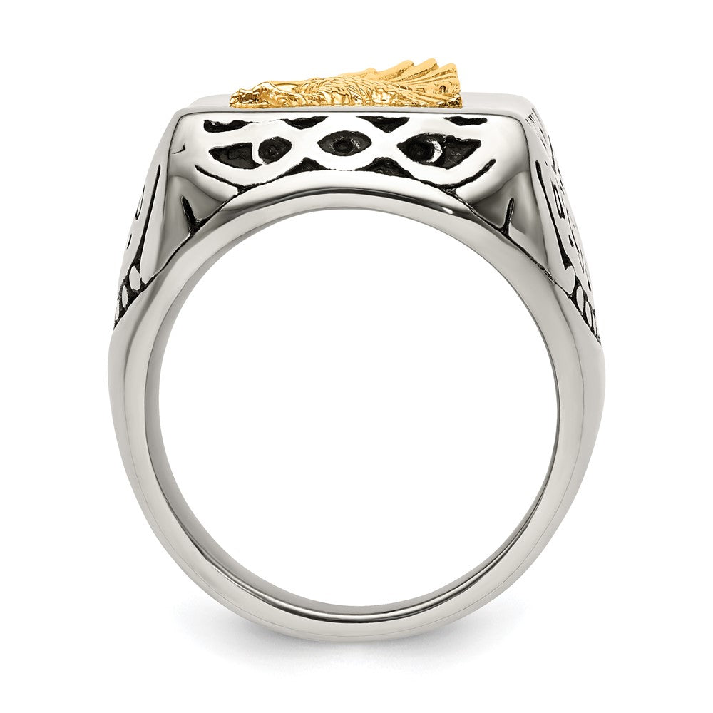 Stainless Steel w/14k Accent Antiqued and Polished Eagle Ring Size - 10